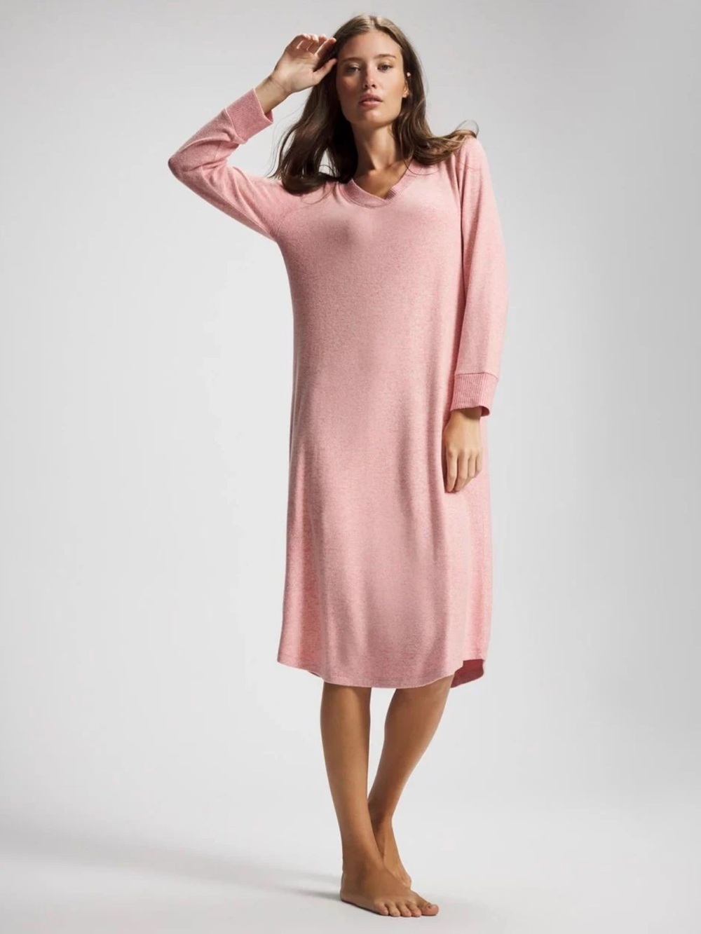 Soma Set Blush Pink V‑Neck Long Sleeve Midi Sleepshirt and Duster.